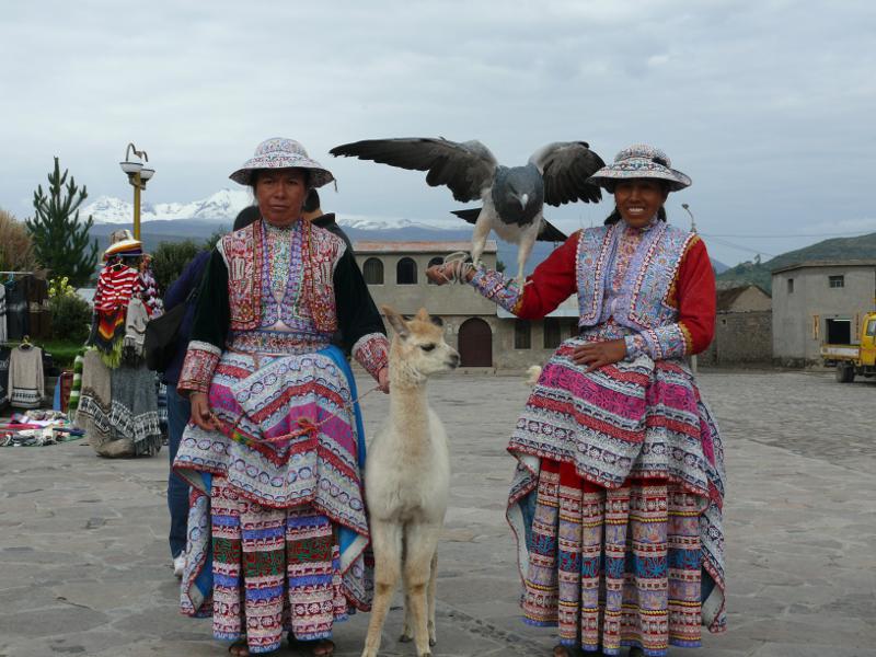 Kondor, Lama und Frauen in lokaler Tracht 