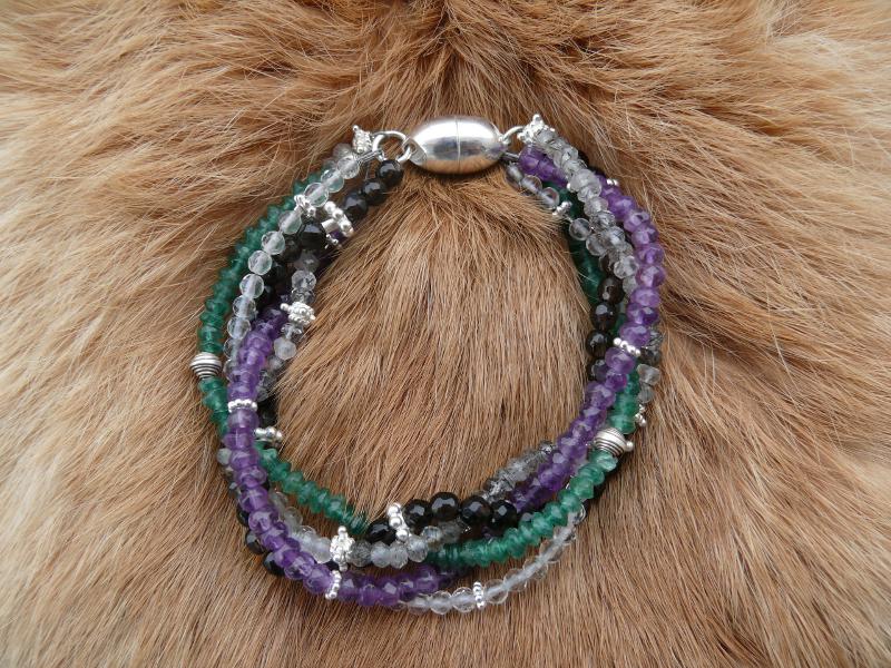Elfentraum - Armband 18cm mit Aemthyst, Aventurin, Bergkristall, Rauchquarz, Turmalin, Silber 925 und Magnetschloss