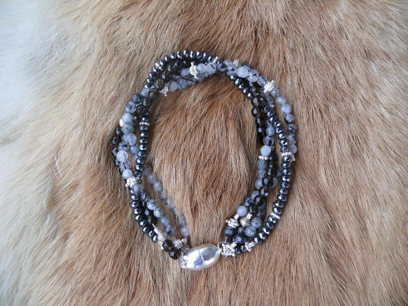 Winterlandschaft - Armband 21cm mit Rutilquarz, Hämatit, Rauchquarz, Silber und Magnetschloss